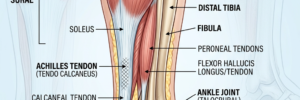 Anatomy of the lower leg with labeled Achilles tendon, heel bone, muscles, tendons, and foot bones.