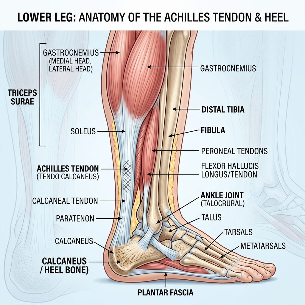 Anatomy of the lower leg with labeled Achilles tendon, heel bone, muscles, tendons, and foot bones.